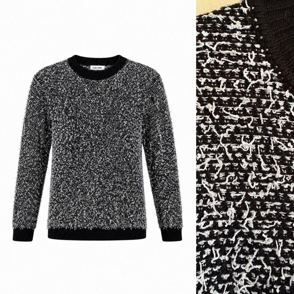 Calvin Klein Contrast Eyelash Knit Crew Neck Textured Sweater Black White Size L